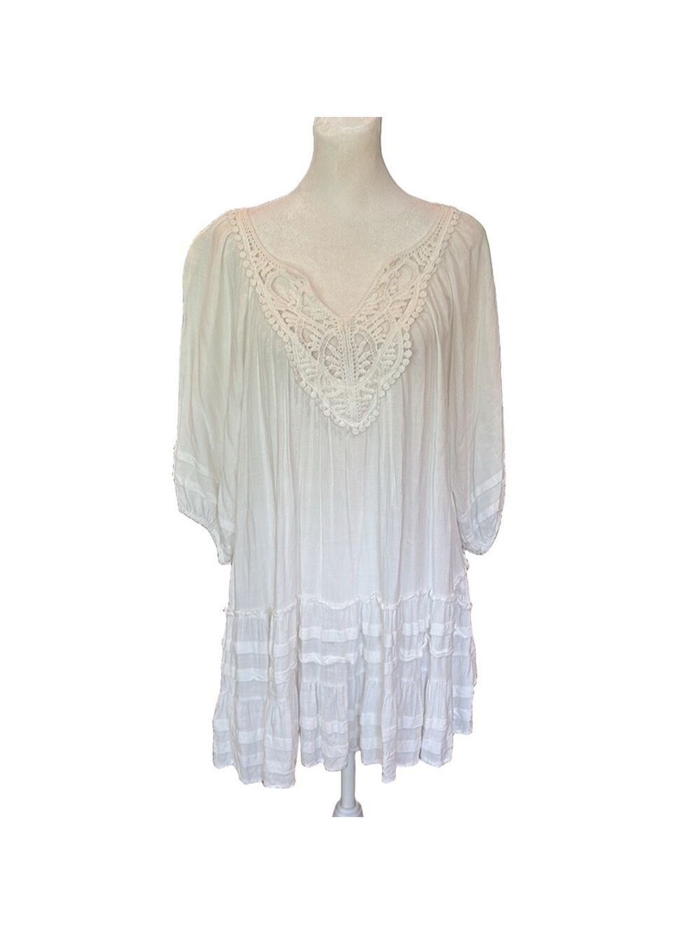 Umgee Size S white babydoll minidress. Peasant flirty crochet lace bohemian - Picture 1 of 9